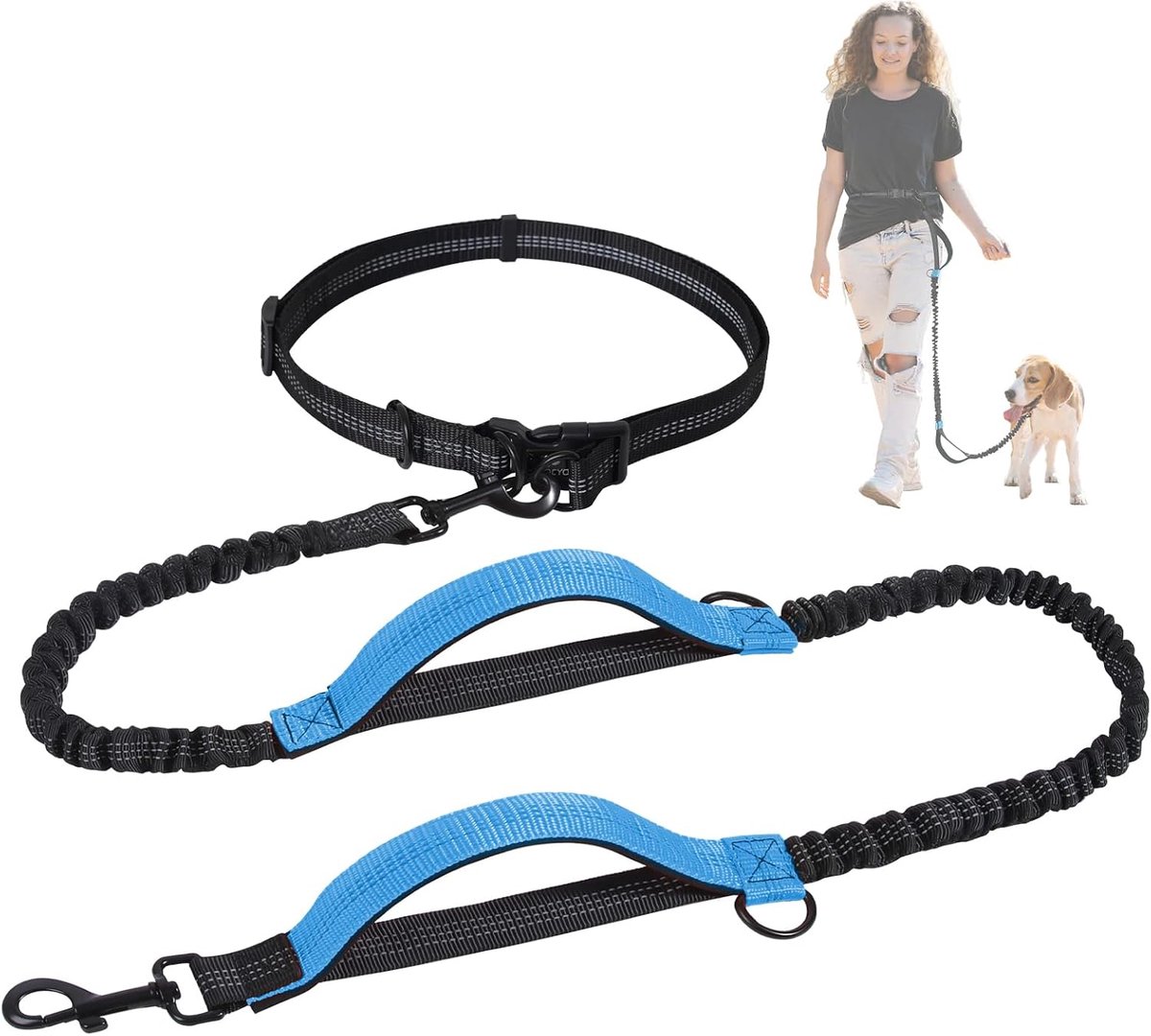 Joggingriem voor middelgrote en grote honden, elastische reflecterende intrekbare hondenriem met dubbele handgreep en heupriem