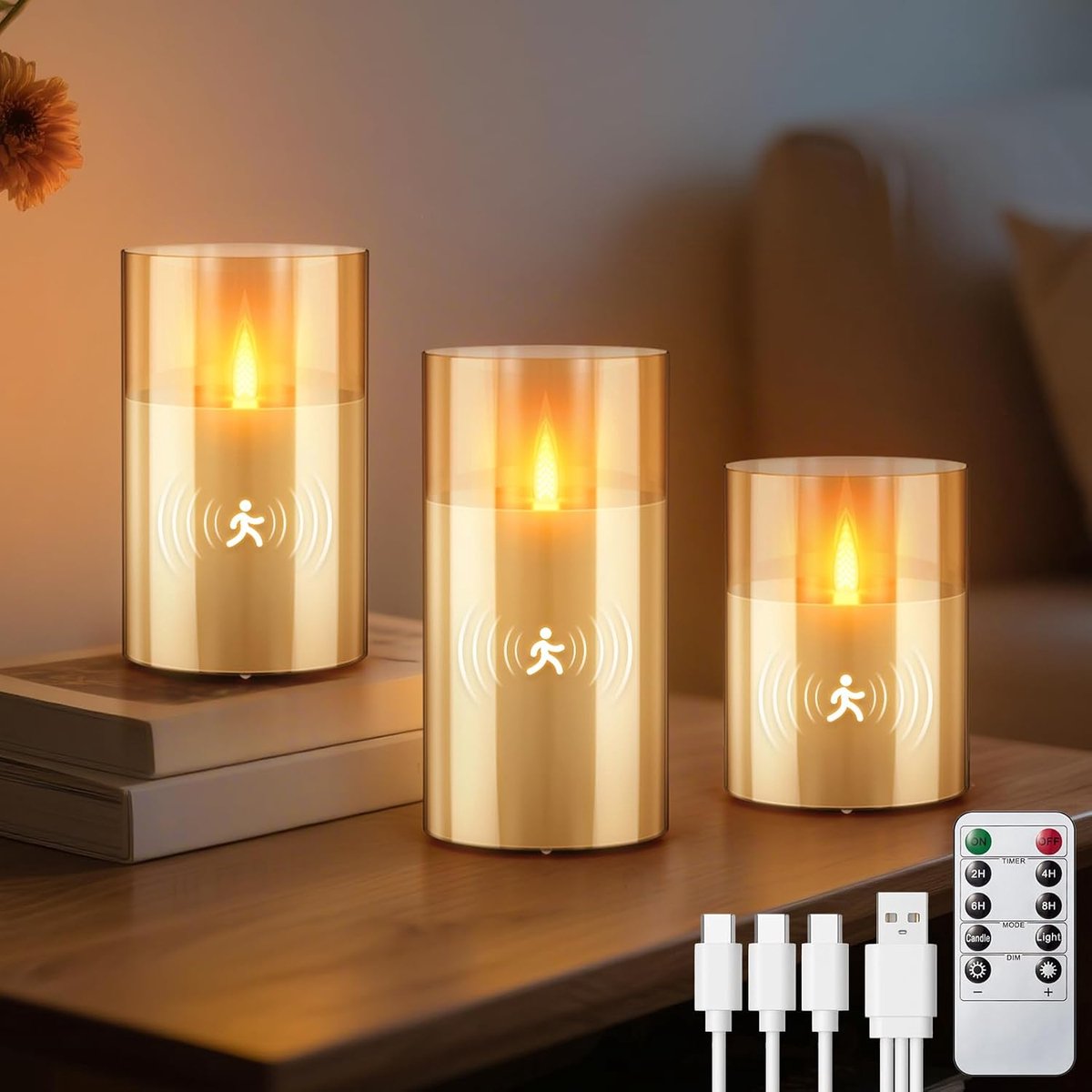 3PC LED Kaarsen Oplaadbaar met Bewegingssensor, Vlamloze Kaarsen in Glas met Afstandsbediening Timer Functie, Elektrische Kaarsenlichten Echte Wax, Paraffinekaarsen voor bruiloft, Feest, Deco (Gouden)