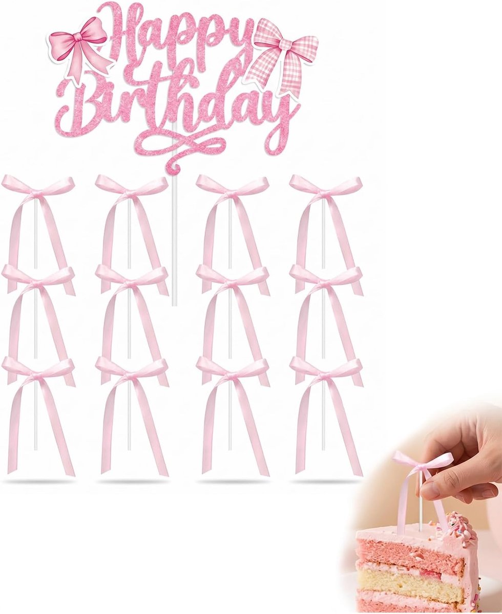 Taarttoppers met strik, roze, 13 stuks (1 groot + 12 klein), elegante decoratie voor verjaardag, meisjes, doop, bruiloft, feest.