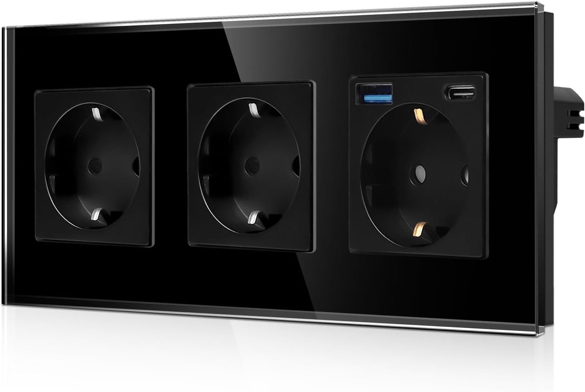 Drievoudig Schuko-stopcontact met 2 USB-poorten (20 W snelladen), 1 x (USB-C en USB-A), drievoudig Schuko-inbouwstopcontact met gehard glas, met kinderbeveiliging, zwart