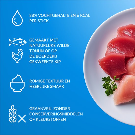 Afbeelding met tekst over Churu kattensnacks: 88% vochtgehalte, gemaakt met wilde tonijn en kip, romige textuur, graanvrij.