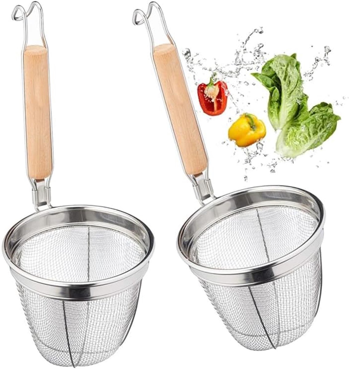 2 stuks, pastaset, dumplingzeef, roestvrij staal, pastamand, mand, multifunctionele zeef, keuken, drainagezeef, gadget keuken met handvat van hout