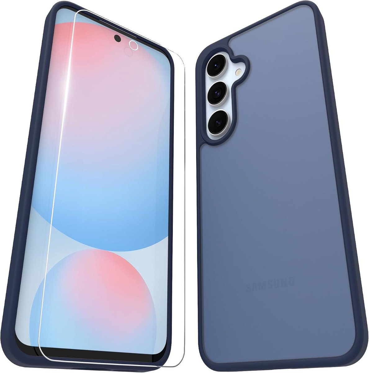 Compatibel metSamsung Galaxy S24 FE 5G mit Displaybeschermfolie, Stoßbestendige Krabbestendige Matte Doorschijnende Achterkant Anti-vingerafdruk Beschermende Hoes - Blauw