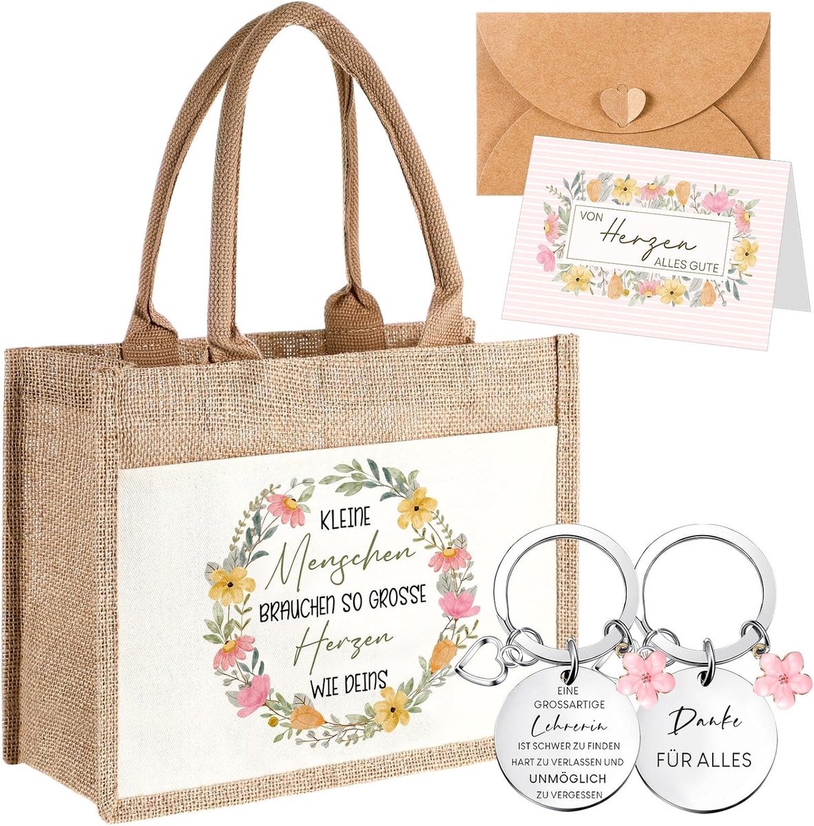 Set van 4 bedankkaarten, mama, jute tas, moederdagcadeau, jute tas, mama, sleutelhanger met bedankkaart, envelop voor dames, verjaardag, Moederdag