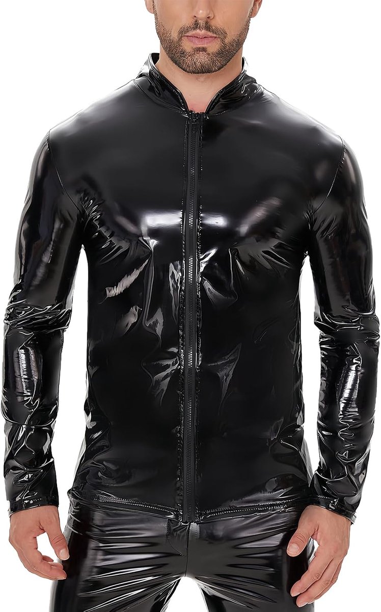 Leren top voor heren, tops met ritssluiting, nauwsluitende leren jas, heren, tops, jas met lange mouwen, clubwear, exotisch, hippie, discofeest