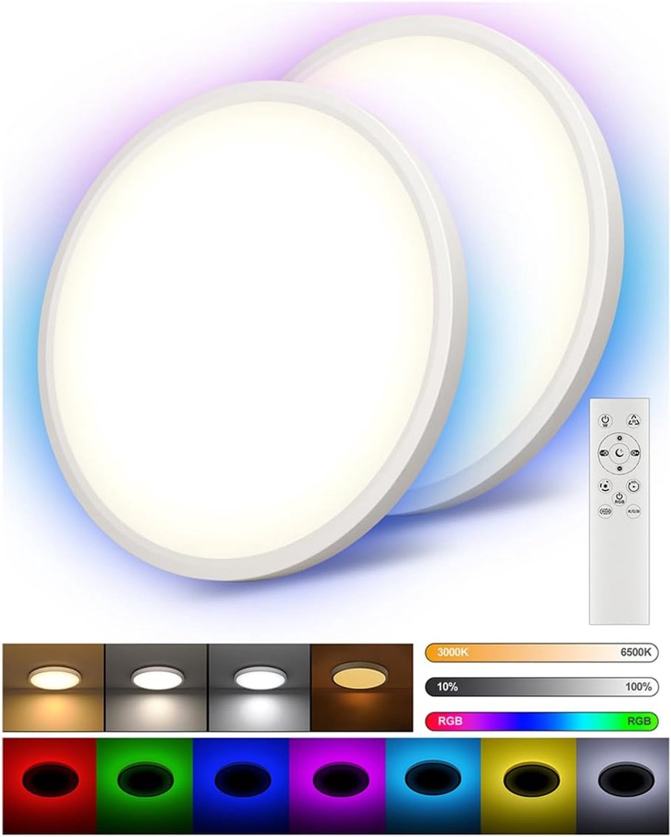 2 stuks LED plafondlamp dimbaar met afstandsbediening 24W RGB kleurveranderende ronde plafondverlichting voor woonkamer slaapkamer plafondlamp 3000K-6500K 2700LM IP44 waterdicht Ø30cm