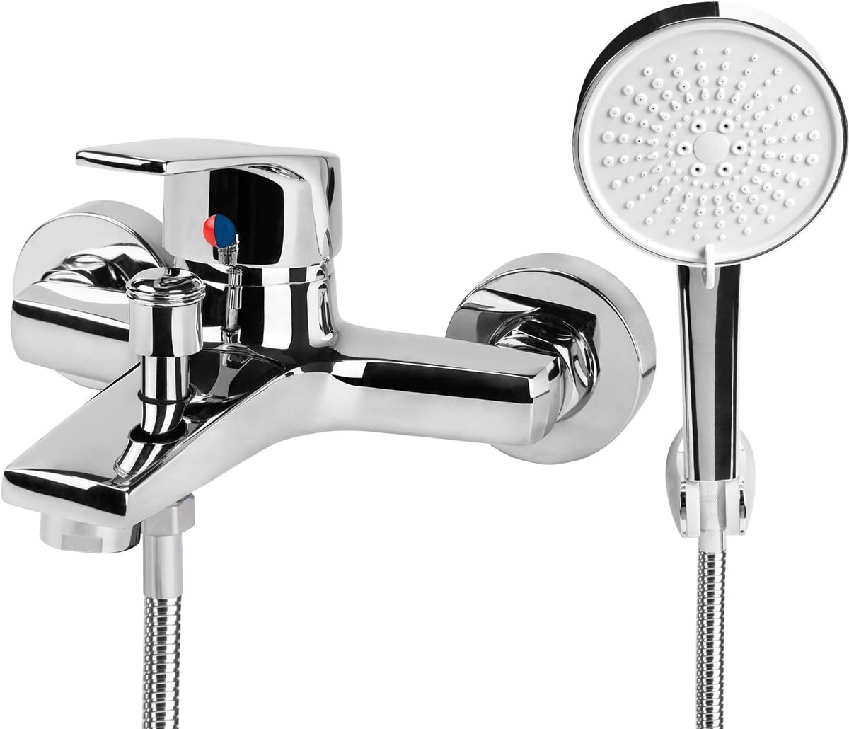 Badmengkraan Douchekraan met 5 Functies Handdouche Badkraanset Voor Wandmontage Mengkraan Douche Badkraan voor Badkamer met 1.5m Doucheslang en Douchehouder (Chroom)