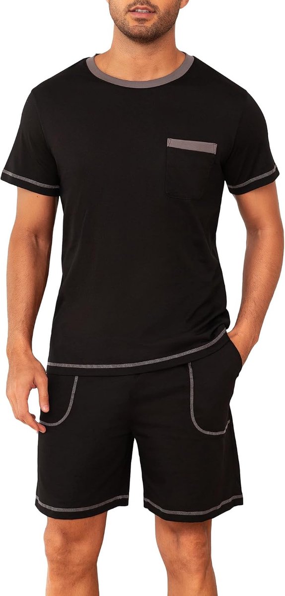 Pyjama voor heren, lichte zomerpyjamaset van 100% katoen, shirt met korte mouwen en korte broek voor ademend slaapcomfort
