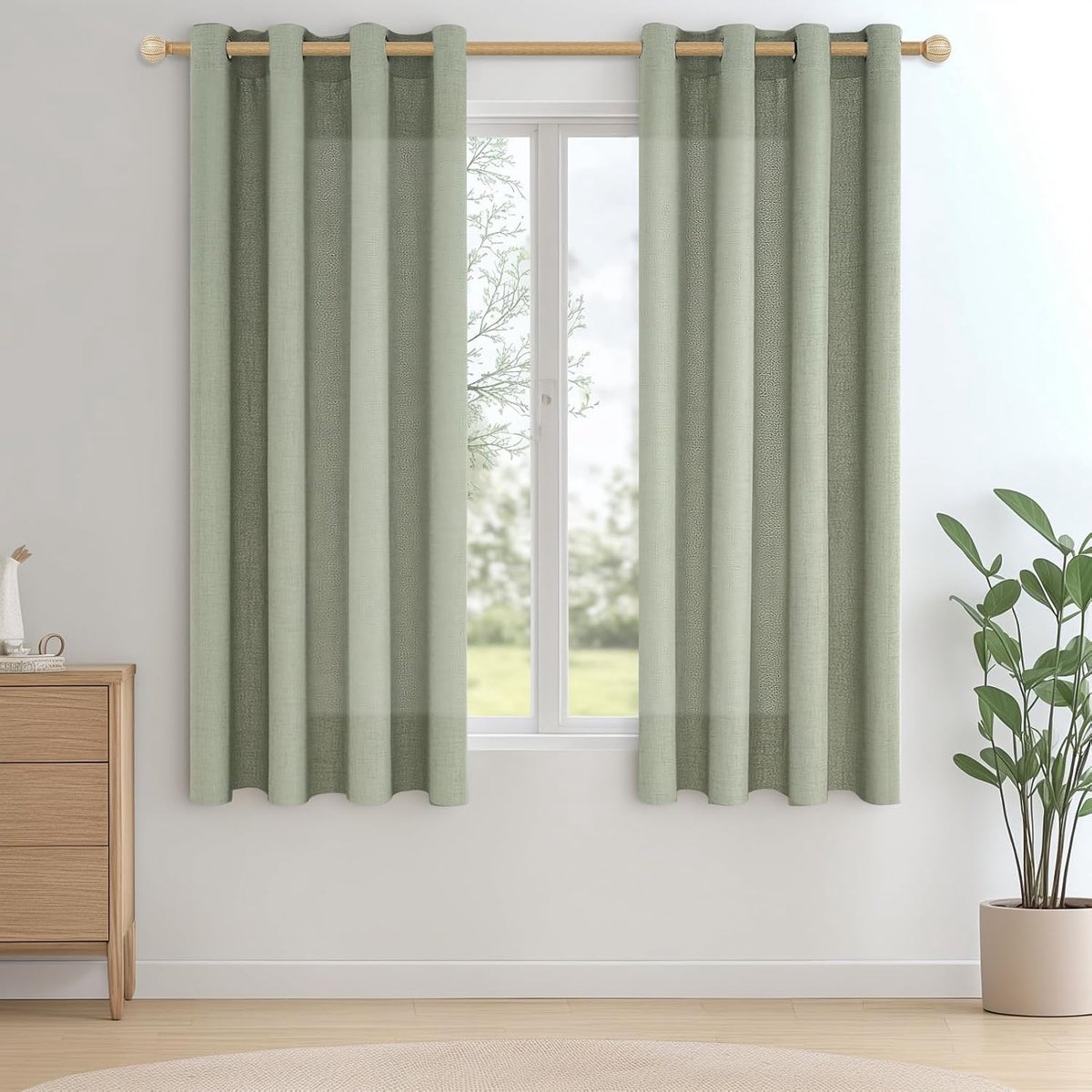 Korte gordijnen met ogen voor binnenruimtes, ramen, slaapkamer, saliegroen, 2 stuks, 140 x 175 cm, kort gordijn voor binnen, semi-transparant, linnen, voor keuken, woonkamer, kinderkamer