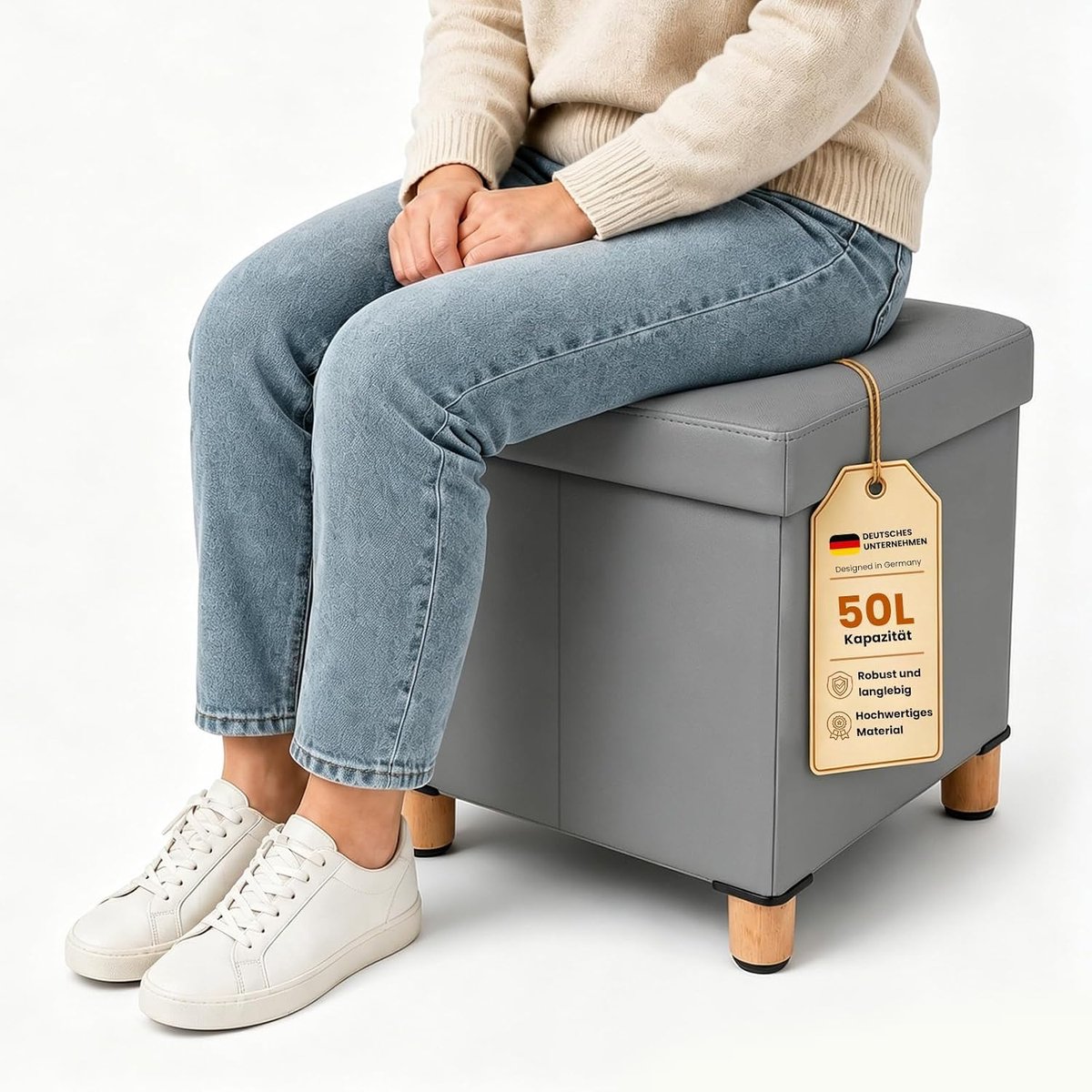 Kruk met opbergruimte, inklapbare zitkruk van PU, voetenbank met massief houten poten, anti-slip pads, poef voor woonkamer, slaapkamer, badkamer (donkergrijs, L: 38 x B: 38 x H: 41 cm)