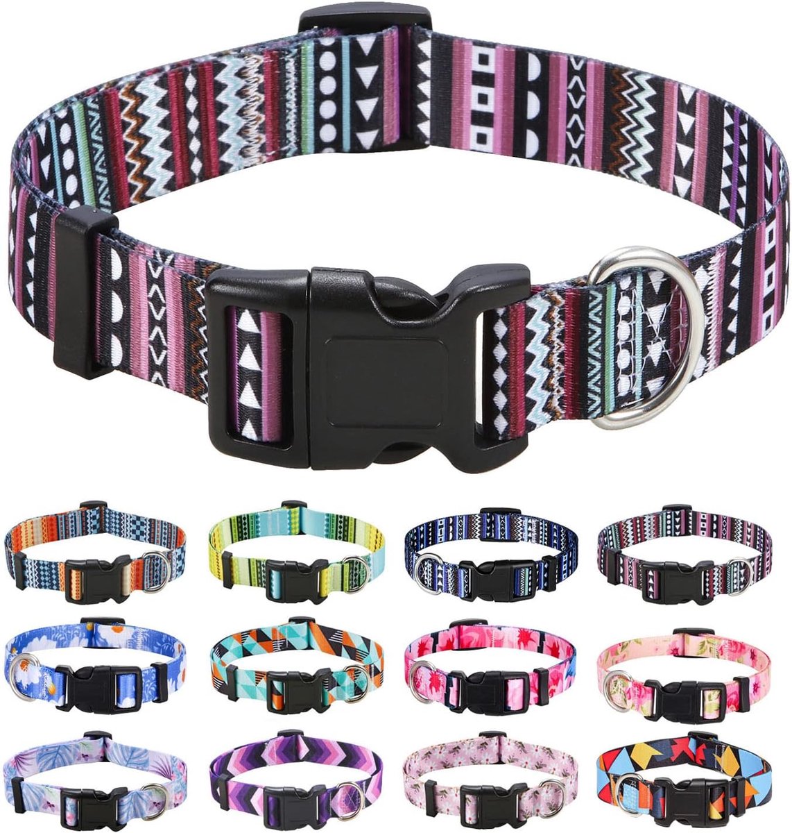 Zachte halsband voor honden, verstelbaar, voor kleine, middelgrote of grote honden, met Boheemse, bloemen, tribal, geometrische patronen (Boheems paars, L)