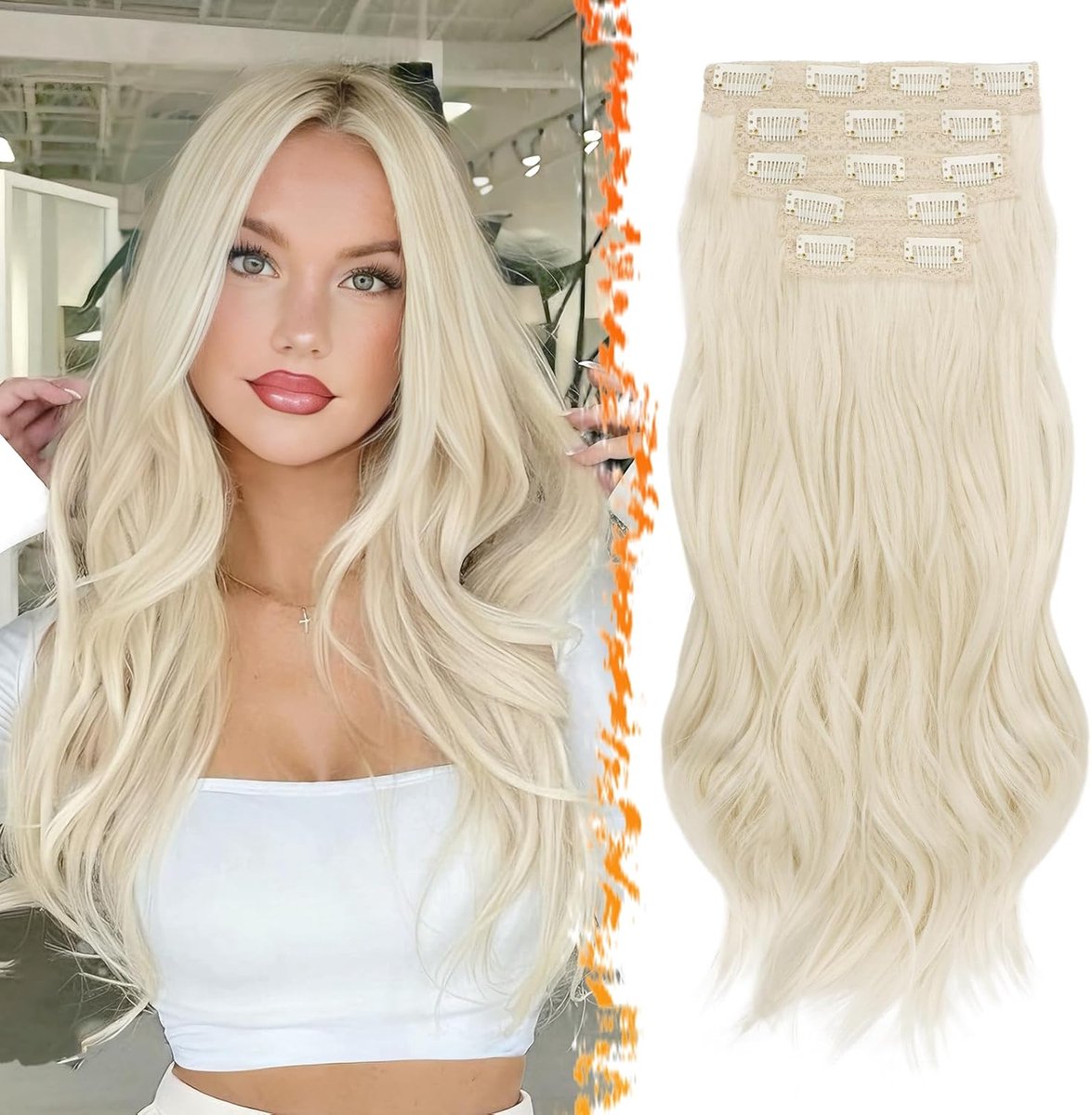 Clip in Hair Extensions, 50cm Golvende Clip in Haarextensies voor Vrouwen 5PCS Dik Layered Haarverlenging Natuurlijk Synthetische Haarstukjes Extensions - Platina Blond Gemengd