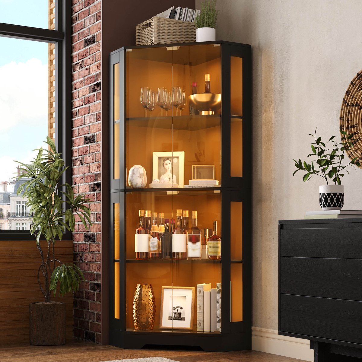 DESMIU Glasvitrinekast Met LED Verlichting 165 Cm Hoog 40 X 40 Cm MDF Zwart Voor Keuken Eetkamer En Woonkamer Met Verstelbare Planken