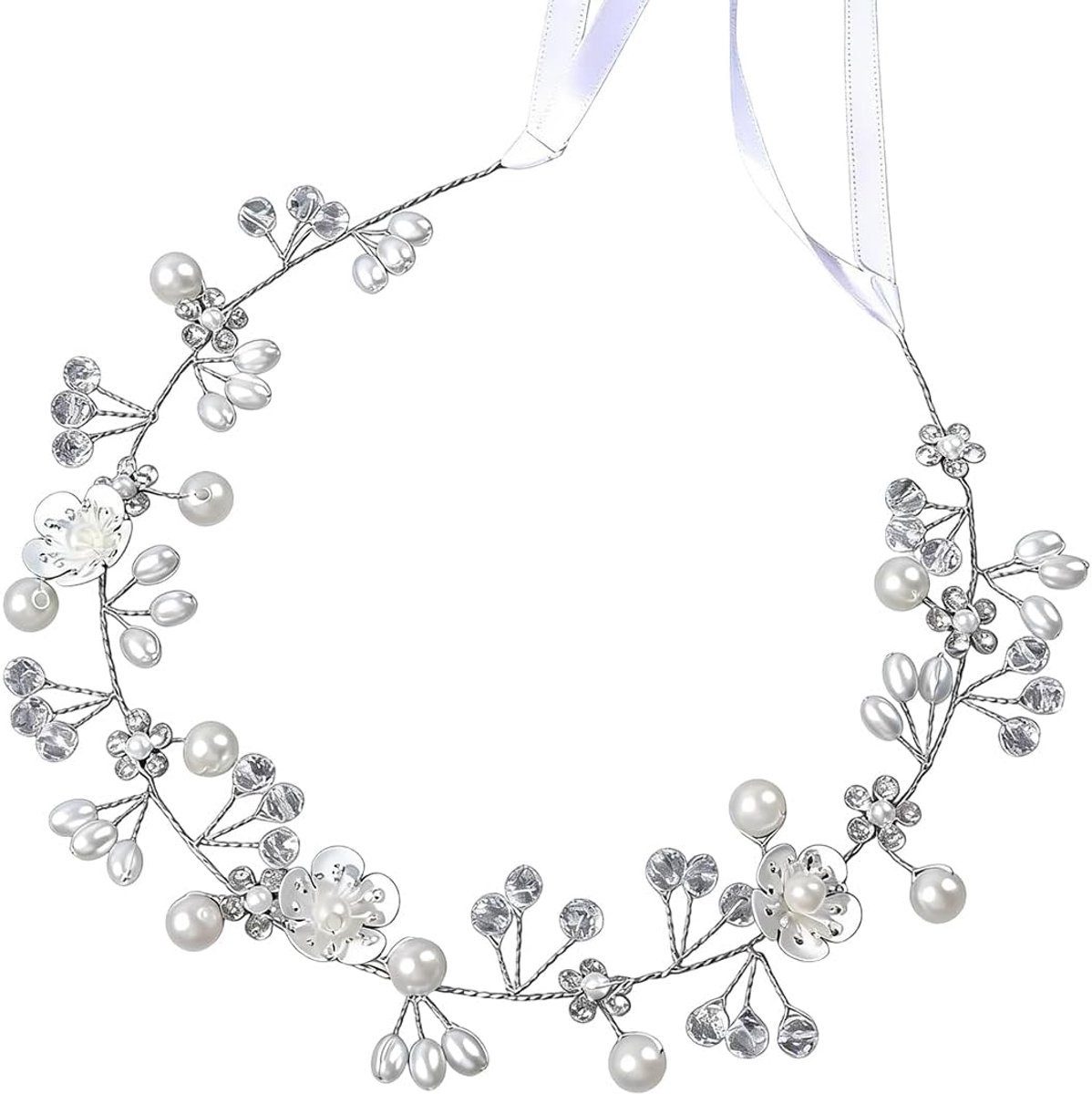 Haar, zilver, haarsieraad, bruiloft, voor meisjes en dames, bloemen, parels, kristal, haarkrans voor bruid, bloemenmeisjes, communie