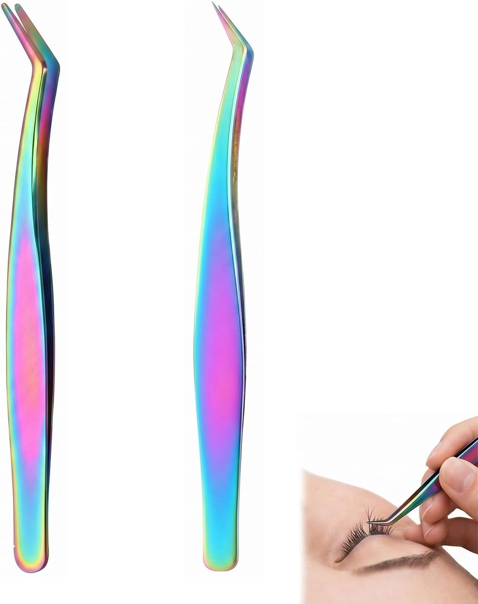 Pincetten voor wimperverlengingen, professionele valse wimpers van roestvrij staal, meerkleurig, inclusief pincet met ronde punt (13,7 cm) en gebogen punt (12,7 cm)