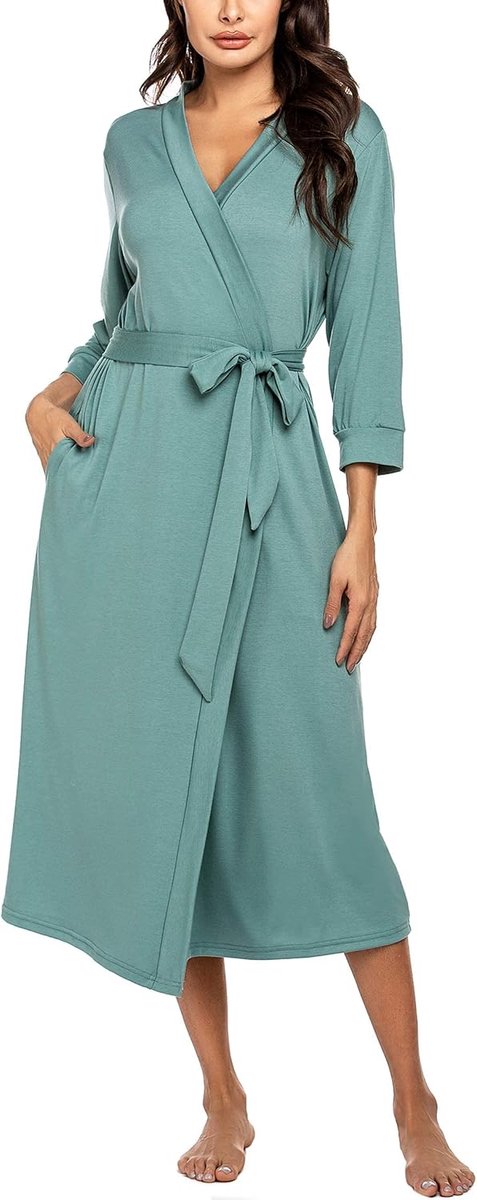 Dames ochtendjas 3/4 mouwen badjas nachtkleding kimono saunajas met diepe V-hals S-XXXL, 1 A, lichtgroen, S