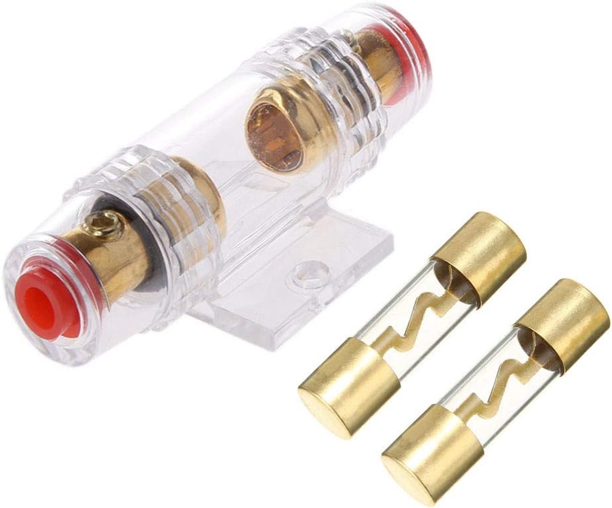 15A Inline AGU Zekeringhouder Auto Stereo Zekering Goud Inline voor 4/6/8 AWG Draad Veiligheidsbeschermende Glazen Buis Zekeringkast met 2 stuks 15A Zekering