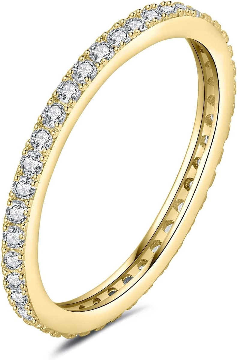 Moissanite Eternity Damesring, klassiek, 1,5 mm, moissaniet, 14K geelgoud, verguld, trouwringen voor vrouwen, voorsteekring, stapelring, bandring, smal verguld 49