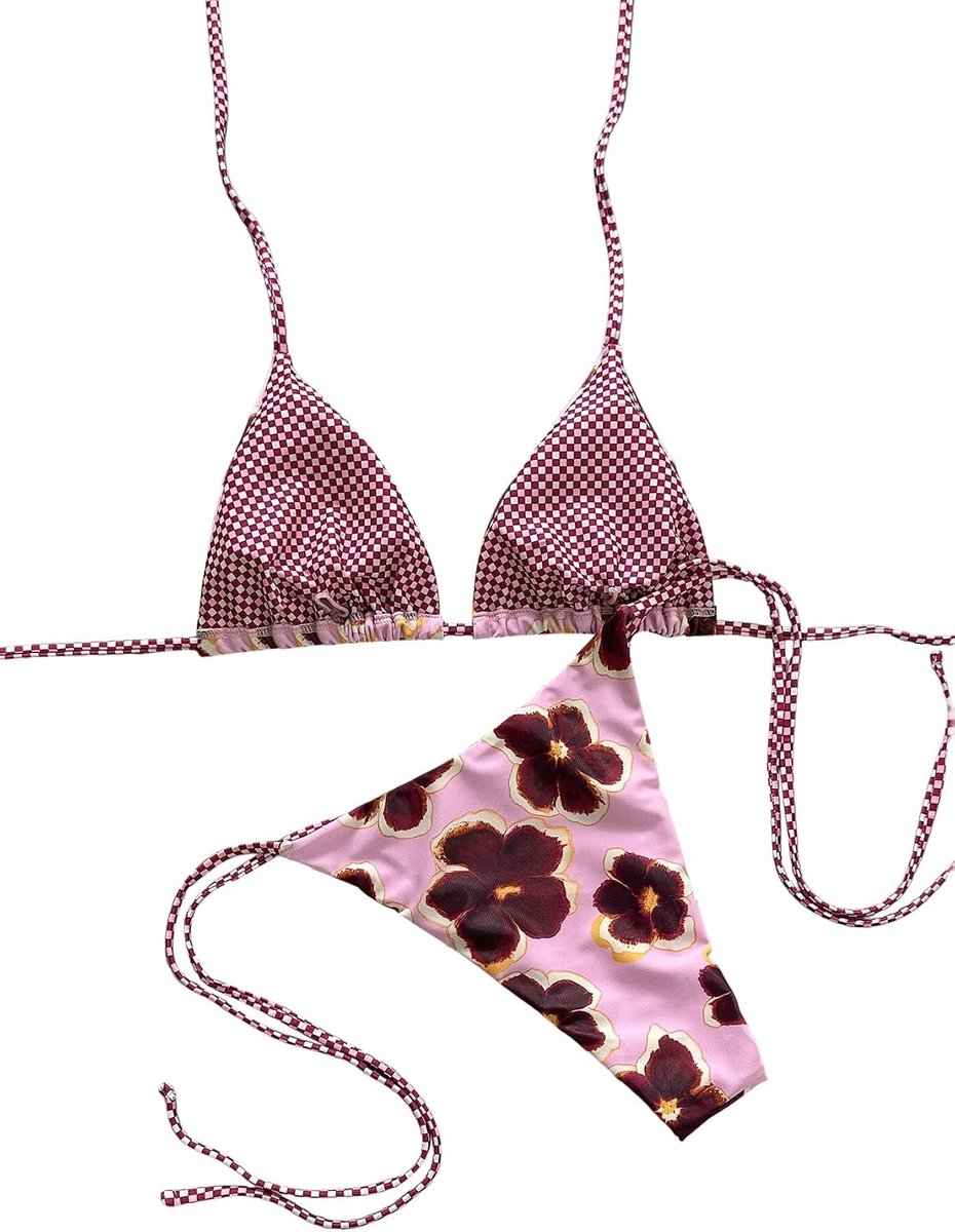 Bikini voor dames, driehoekig, badpak, halterbikini, bovendeel met bloemenpatroon, bikinibroek, strand, badmode, set, badmode, strandoutfit