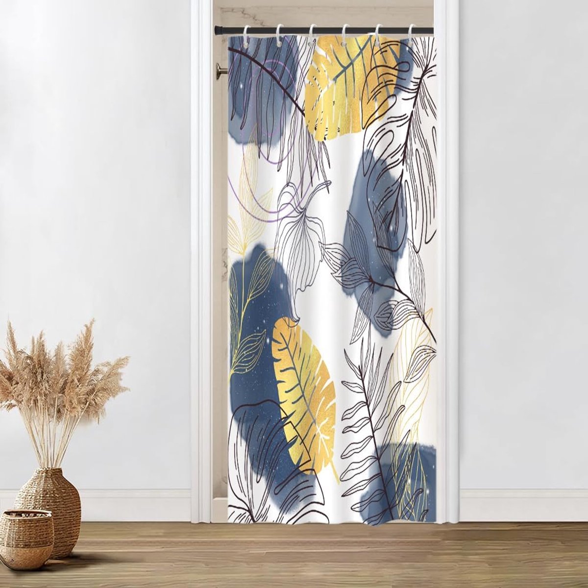 Douchegordijn, smal, 90 x 180 cm, schimmelwerend, blauw, marineblauw, boho-stijl, tropisch, abstract, palmbladeren, jungle, douchegordijnen, waterdichte stof, wasbaar, badgordijn met 6 haken