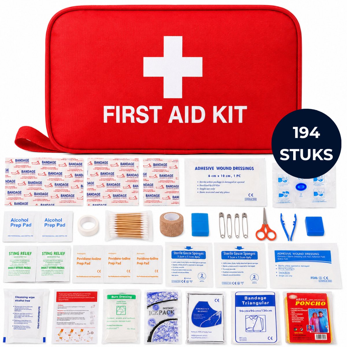 SRVVLGEAR 194-Delige EHBO Kit - Complete Verbanddoos - EHBO-set - Noodpakket - EHBO Kit voor Auto, Thuis en Reis - First Aid Kit met Pleisters en Verband - Compact en Handig