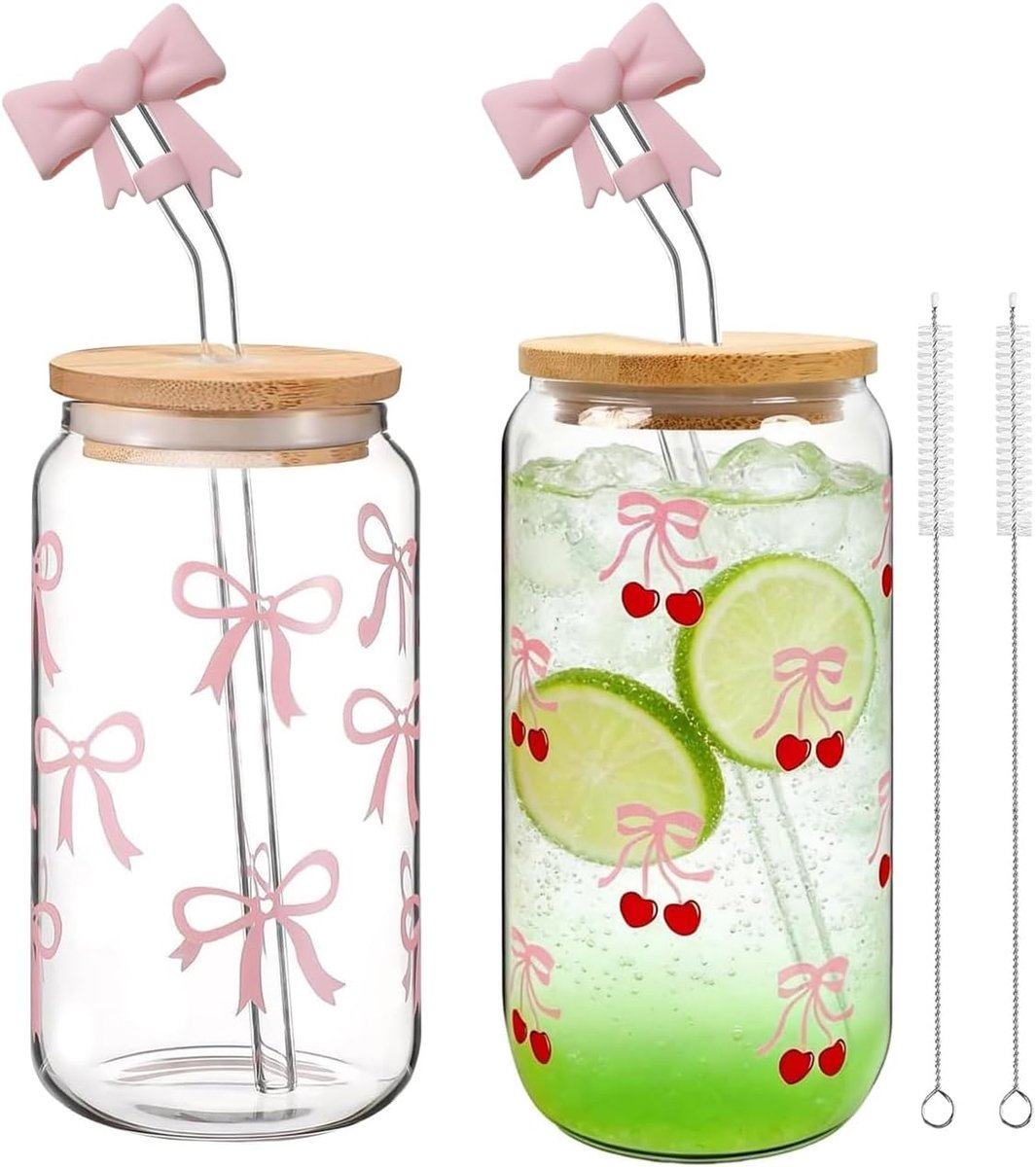 Drinkglas met rietje van glas, set van 2 (500 ml) met roze strik, inclusief 2 stijve rietjes, beschermhoezen en hygiënische borstels, perfect voor matcha latte en zomercocktails