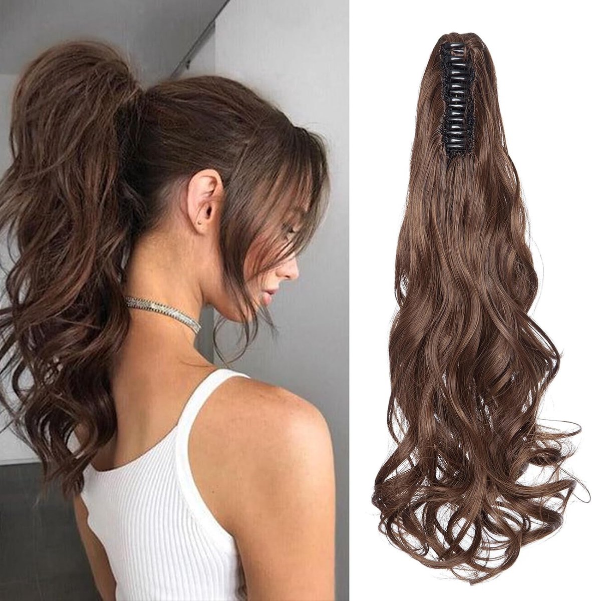 Ponytail clip extensions, 45 cm, golvende paardenstaart haarstuk, natuurlijk zwart & licht roodbruin haarextensies voor vlechten, synthetisch voor vrouwen
