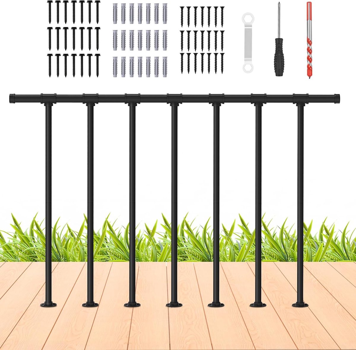 Smusei Leuning, dek, reling, metaal, veranda, leuning, Guard Rail kit met balusters, smeedijzer, platte leuningkit voor dek, veranda en balkon, zwart