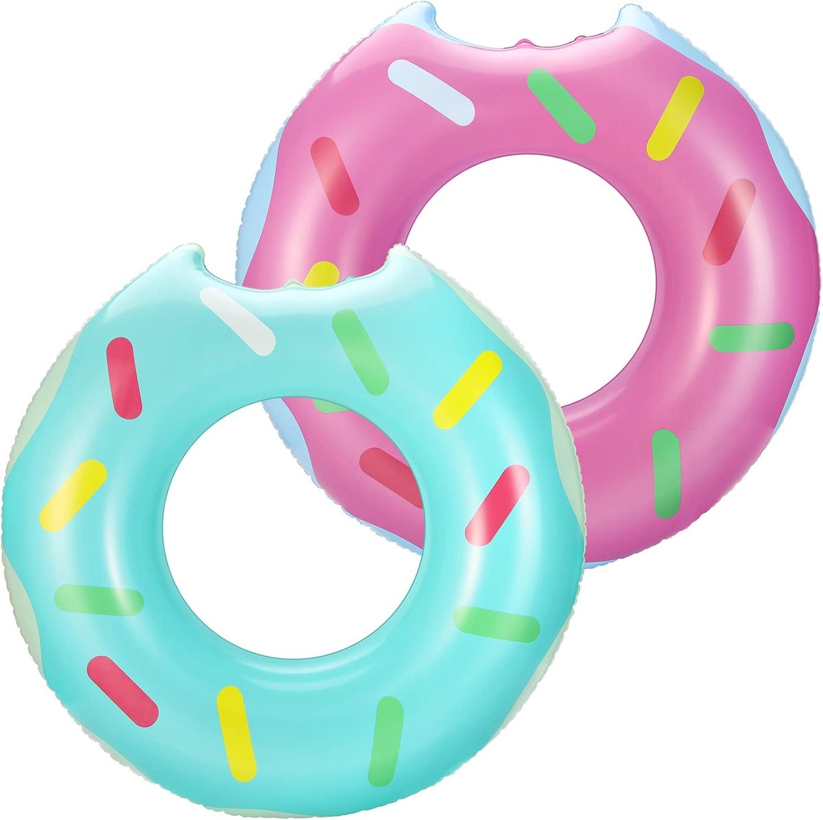 Opblaasbare zwemring, 2 stuks gebeten donut zwembanden | Waterspeelring, luchtmatras, zwembad, speelgoed, waterspeelgoed voor zwembad, zandstrand, zomer, roze + blauwgroen