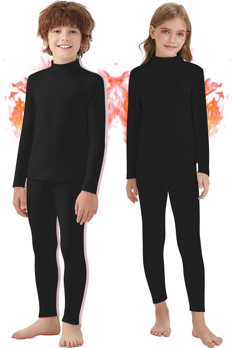 Uniseks thermo-ondergoed voor kinderen voor jongens en meisjes, shirt met lange mouwen en lange broek, pluizig gevoerd, superzachte basisset voor skiën