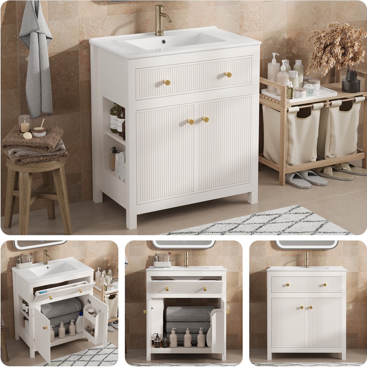 Badkamermeubel met wastafel - Vrijstaand - 81x46,5x86,5 cm - Wit - Soft-close lade en deur - Geribbeld design - Gouden handgrepen - Hoge poten