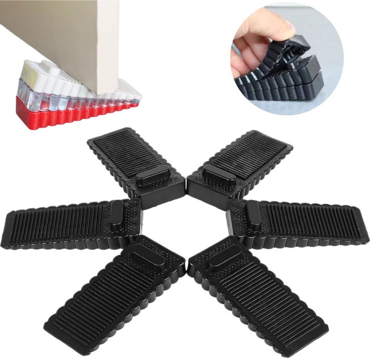 Set van 6 antislip rubberen deurstoppers –9.5*1.4*4cm- Siliconen deurstoppers geschikt voor alle vloertypes – Stapelbare deurwiggen – Voor het vastzetten van deuren in keukens, kantoren, entrees, kelders en meer - stopper - deurstop– Zwart