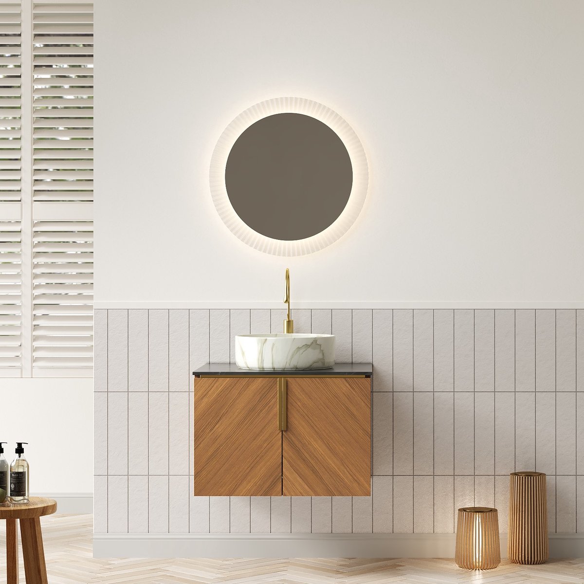 Wandhangend badkamermeubel met wastafel - 61 cm - Bruin eiken & zwart - Keramisch bekken met steenpatroon - Sinterstenen blad - Soft-close deuren met diagonaal design - Gouden handgrepen