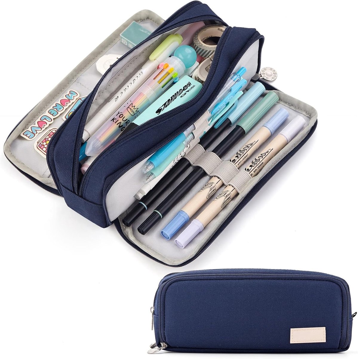 Grote Etui met 3 Vakken – Ruime Pennenzak voor School – Multifunctionele Opbergtas voor Pennen, Potloden & Accessoires – Voor Jongens en Meisjes – Marineblauw – 1 Stuk