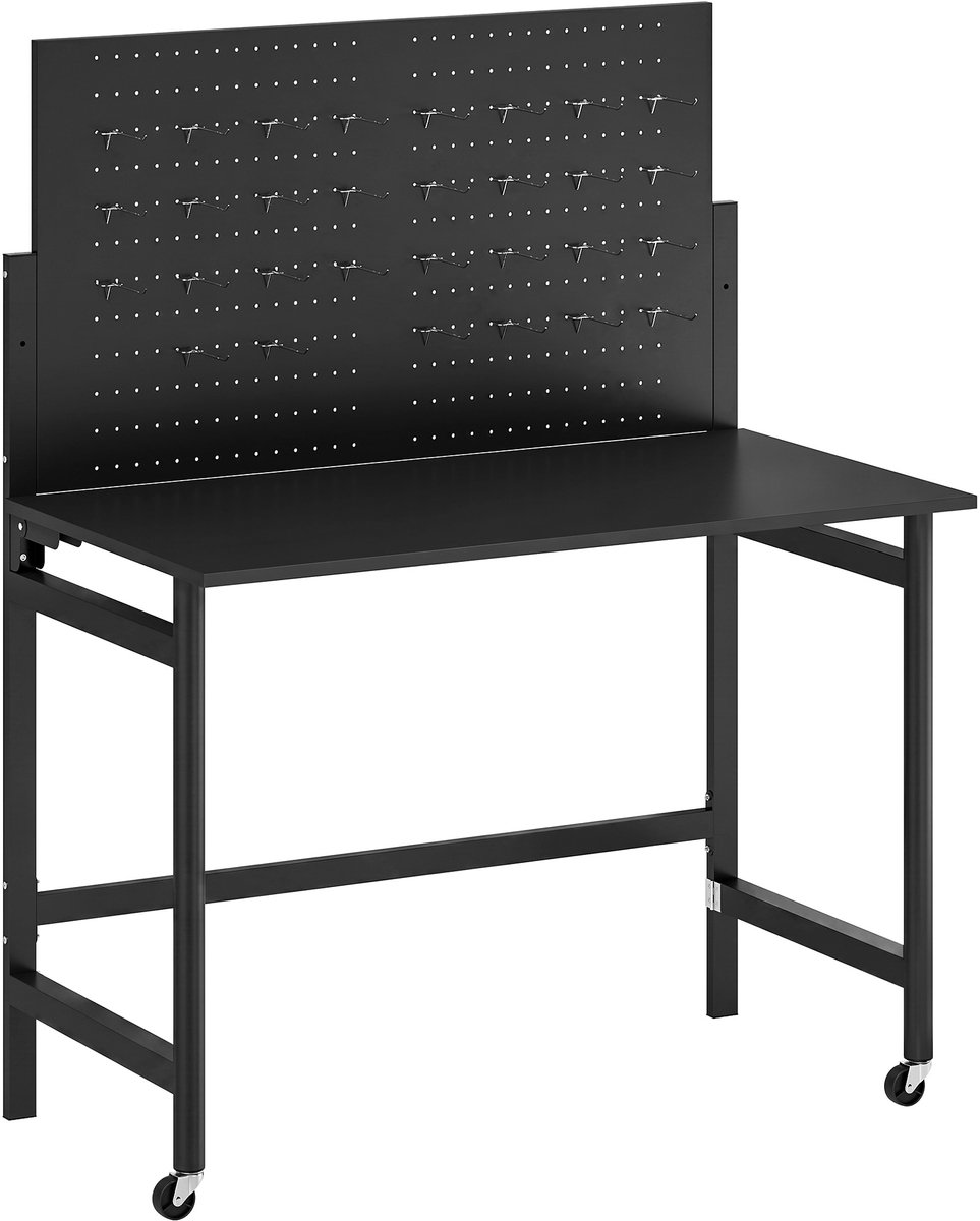 Werkbank met gatenwand inklapbaar mobiel 115 x 62 x 143,5 cm Zwart | Met wielen, dik werkblad, stalen frame, haken