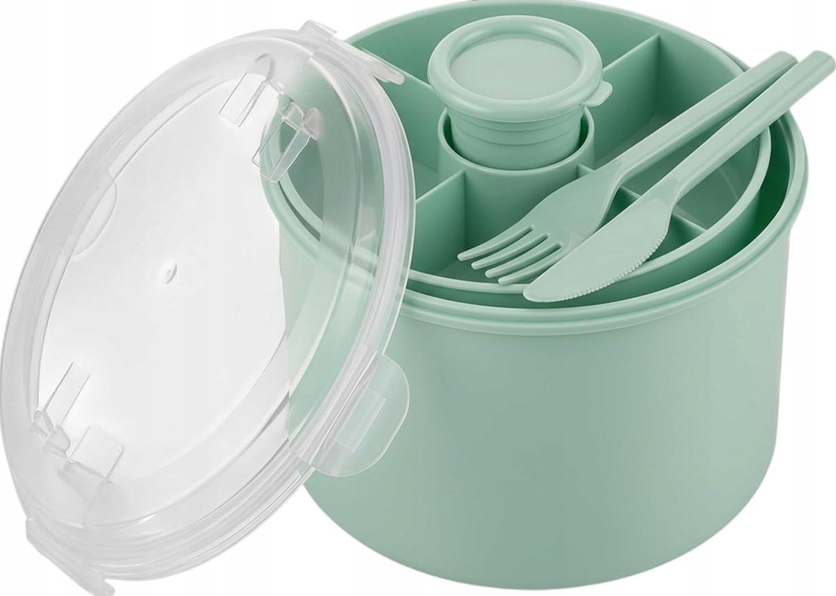 Ronde Lunchbox 1300ml - Lekvrij met Bestek & Sausbakje - Groen