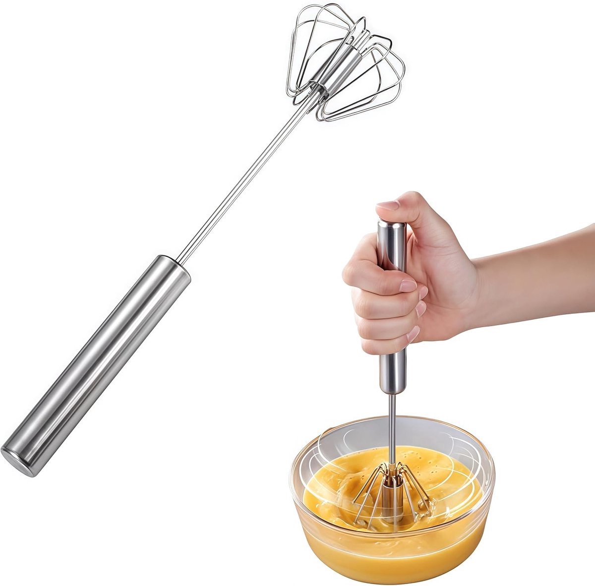 Semi‑Automatische Eiklopper - Handmatige Roteerbare Mixer - Roestvrijstalen Multifunctionele Garde - Draagbaar Keukengereedschap - voor eieren, opschuimen, roeren, mengen, kloppen, milkshakes en meer