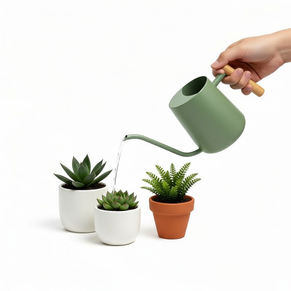 Stijlvolle Gieter voor Kamerplanten - 1 Liter Roestvrij Staal met Houten Handvat - Kleine Gieter voor Bloemen, Planten en Vetplanten - Groen