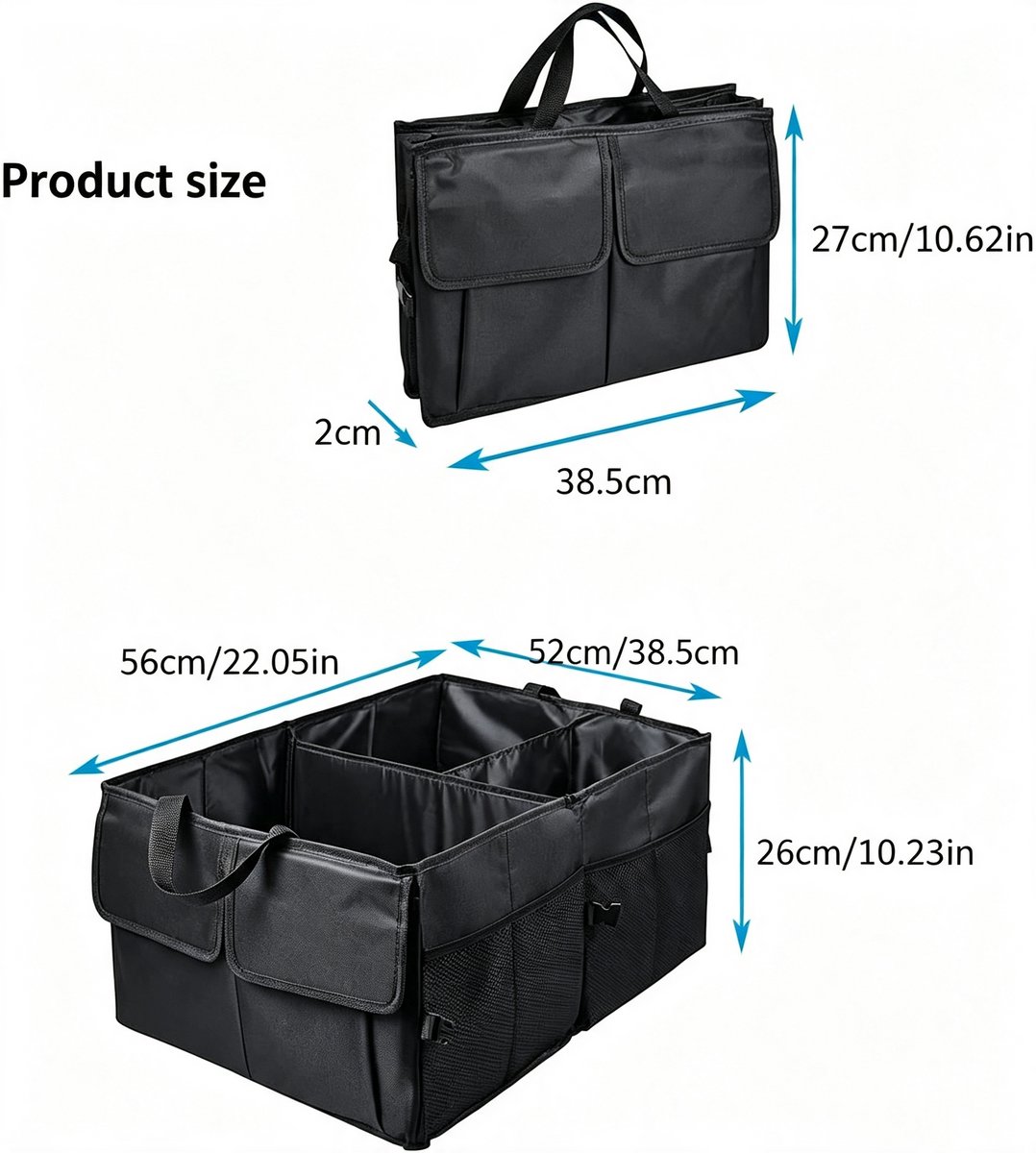 Kofferbak Opbergbox - Car Boot Organiser - Opvouwbare Auto Opbergbox - Car Trunk Organizer - Kofferbak Organizer - Organizer Auto - Grote Capaciteit met Handgrepen – Zwart - 52 × 38.5 × 26 cm