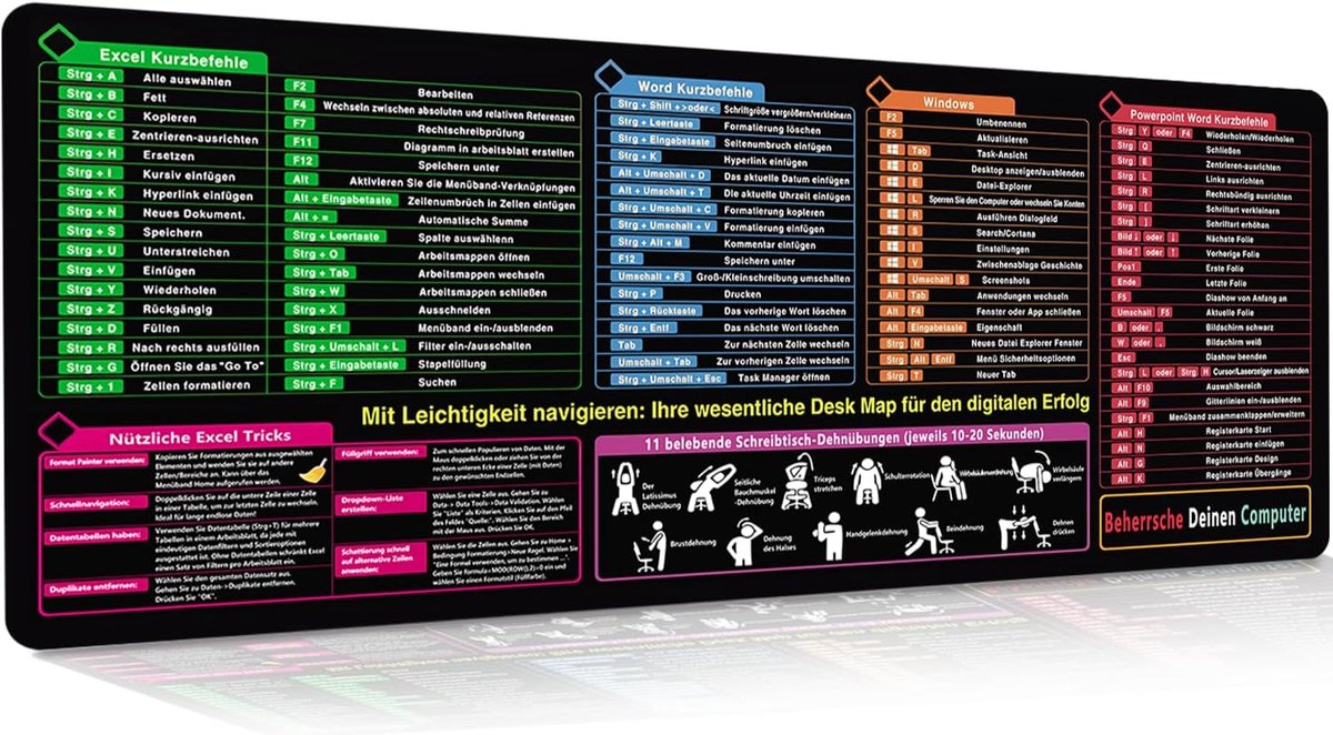 Excel Muismat XXL Duits - Excel Shortcuts Muismat - gaming muismat - 80 x 30 cm - voor kantoor - Word PPT Windows - waterdichte bureauonderlegger - antislip computermat voor kantoor en thuiskantoor