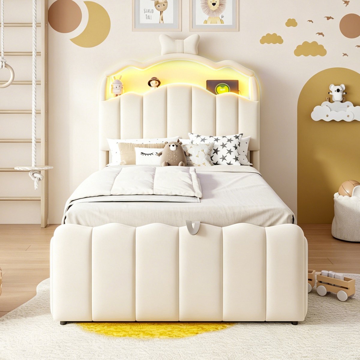 Welltin Kinderbed 90x200 cm - Eenpersoonsbed - Opbergbed - Multifunctioneel bed - Met hydraulische functie - Met Opvouwbaar hoofdbord - Met LED-lamp - Met opbergvak - Met USB-oplaadpoort - Veilig en comfortabel - Beige