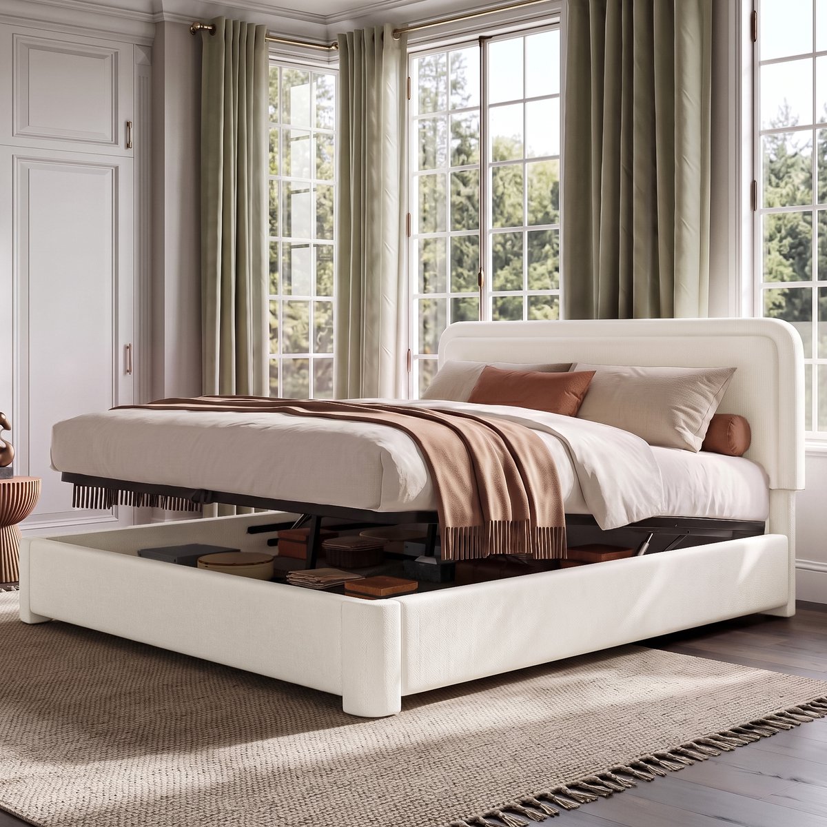DESMIU Gestoffeerd Bed 160x200 cm – Hydraulisch Opbergbed Met Verstelbaar Hoofdeinde – Met Lattenbodem En Opbergruimte – Tweepersoons – Bouclé – Wit Zonder Matras