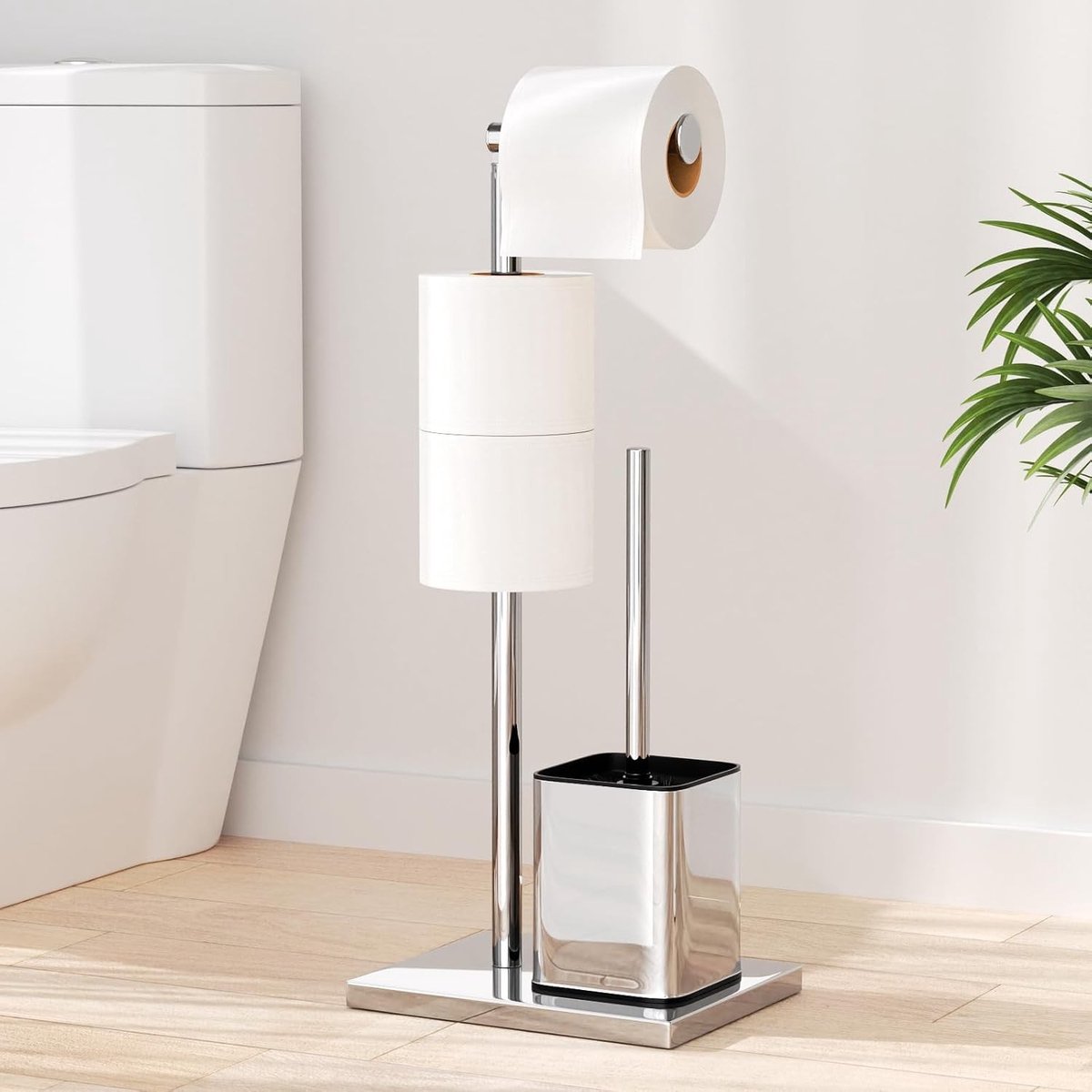 Staande Toiletrolhouder met Wc-Borstel - Zilverkleurig - Roestvrij Staal - Voor Badkamer en Gastenbadkamer