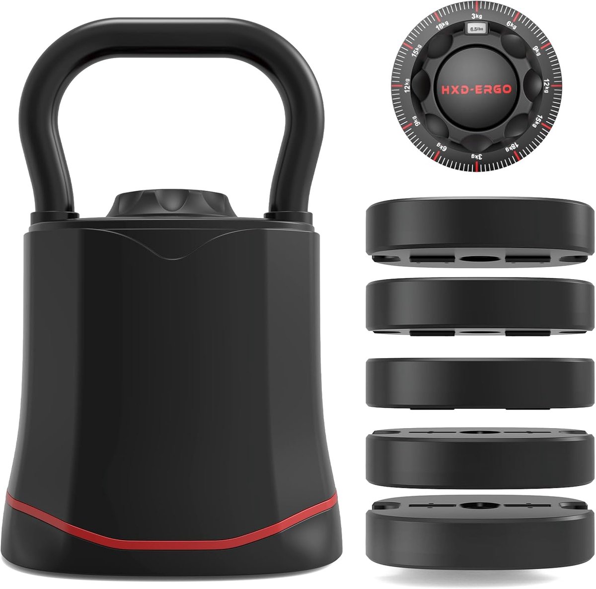 Verstelbare kettlebell - 6-in-1 (3-18 kg) - snelwisselgewicht - brede handgreep - compacte kettlebell voor thuis en thuisgym training