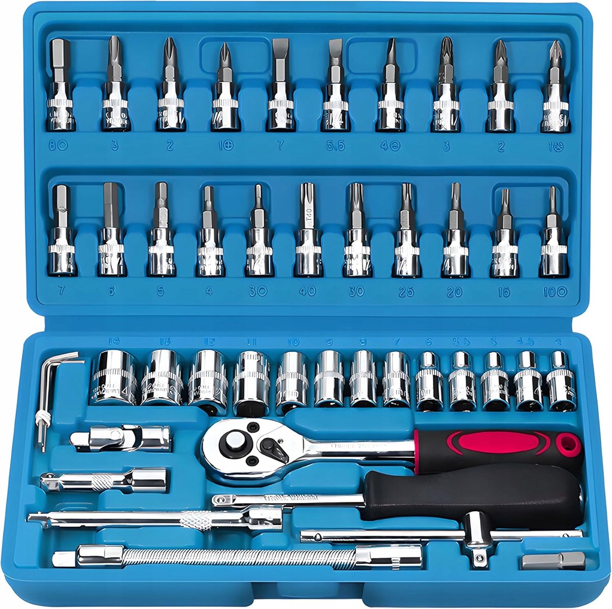 SnelShoppen - 46-delige Ratchet Socket Wrench Set 1/4 Inch met Bits en Toolbox - Ideaal voor Thuis, Garage, Fietsen, Auto's, Motoren - Compleet Gereed