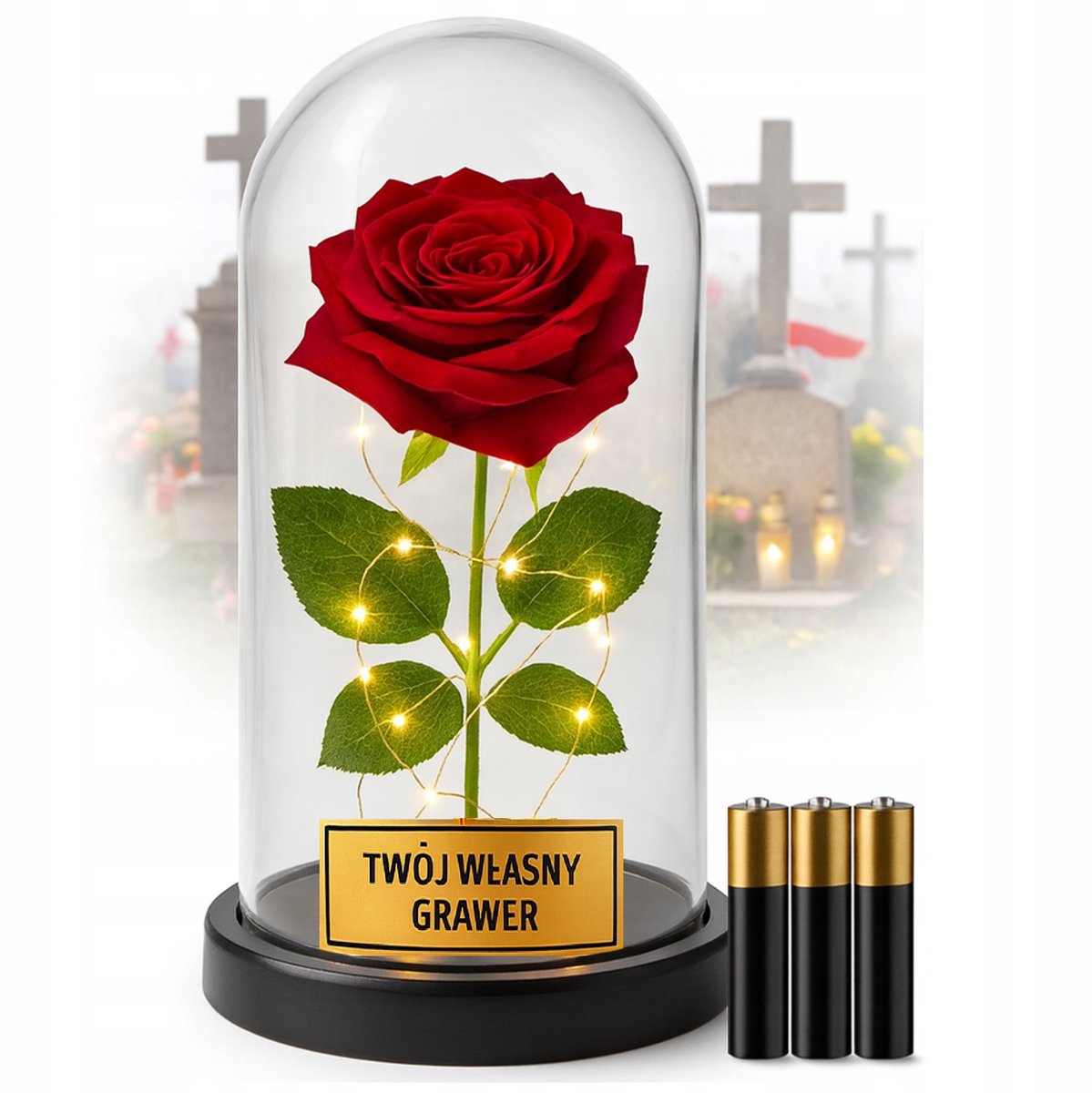 Grote LED Graflicht Glazen Roos met Gravure - Symbool van Eeuwige Liefde