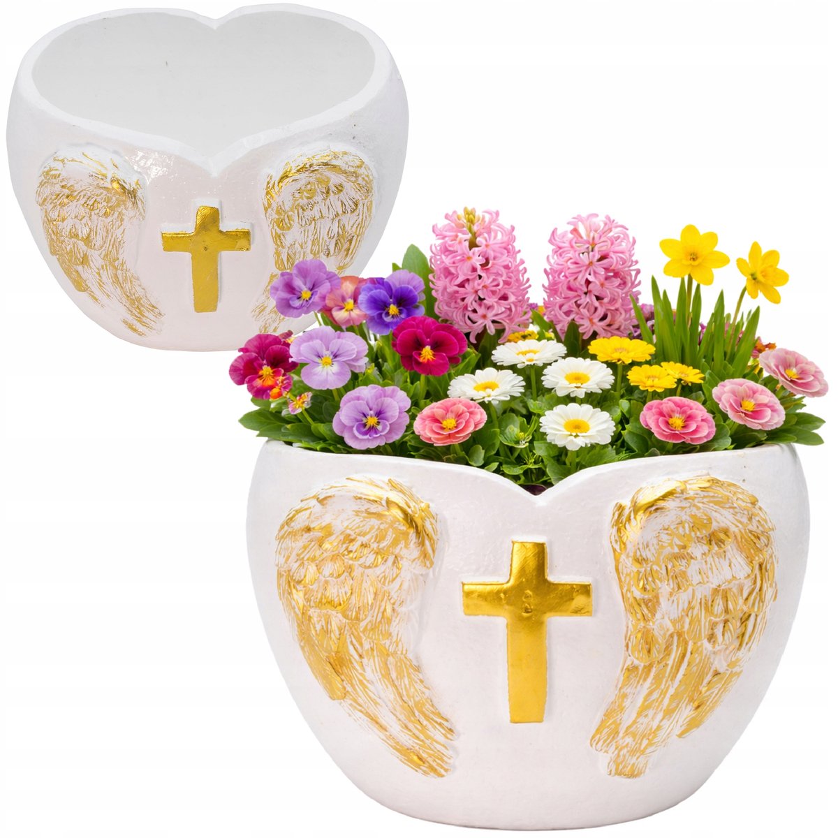 Merkloze Grafdecoratie Hart met Engel en Gouden Kruis