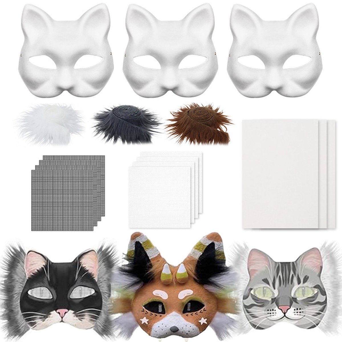 Maskers - 3 stuks - DIY Kattenmaskerset - Complete Set met Vacht, Ooggaas en Vilt - Onbewerkte Witte Maskerbasis - Zelf Schilderen - Geschikt voor Cosplay, Halloween en Kerst - Lichtgewicht en Aanpasbaar - Creatief Knutselpakket