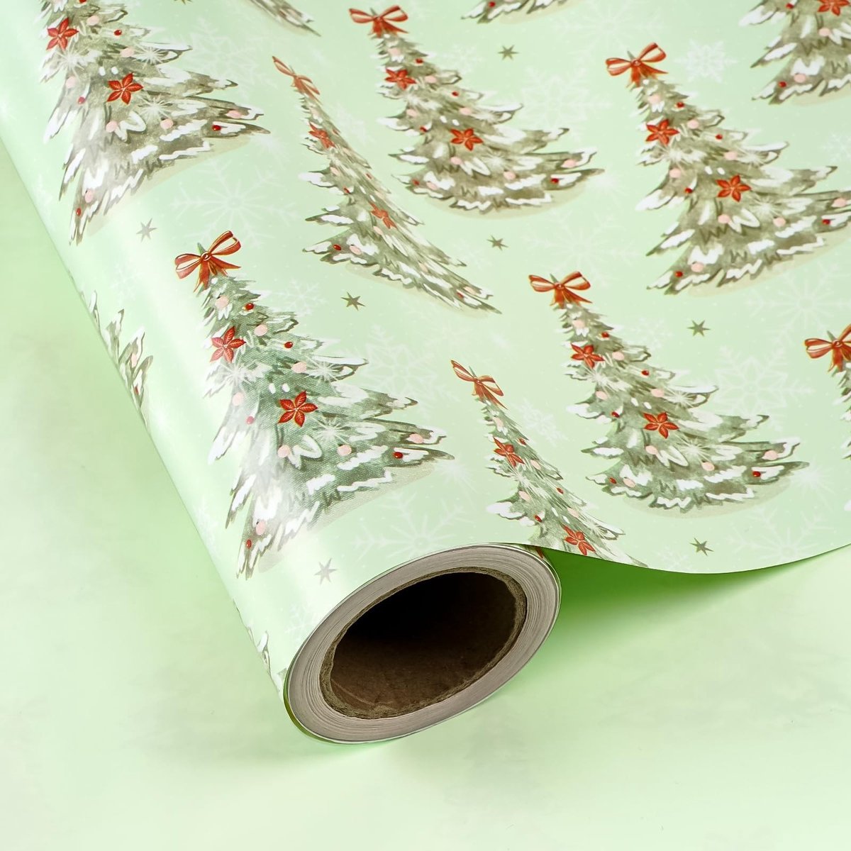 SolidKeus - Omkeerbaar Kerstinpakpapier Lichtgroen met Kerstboom Motief