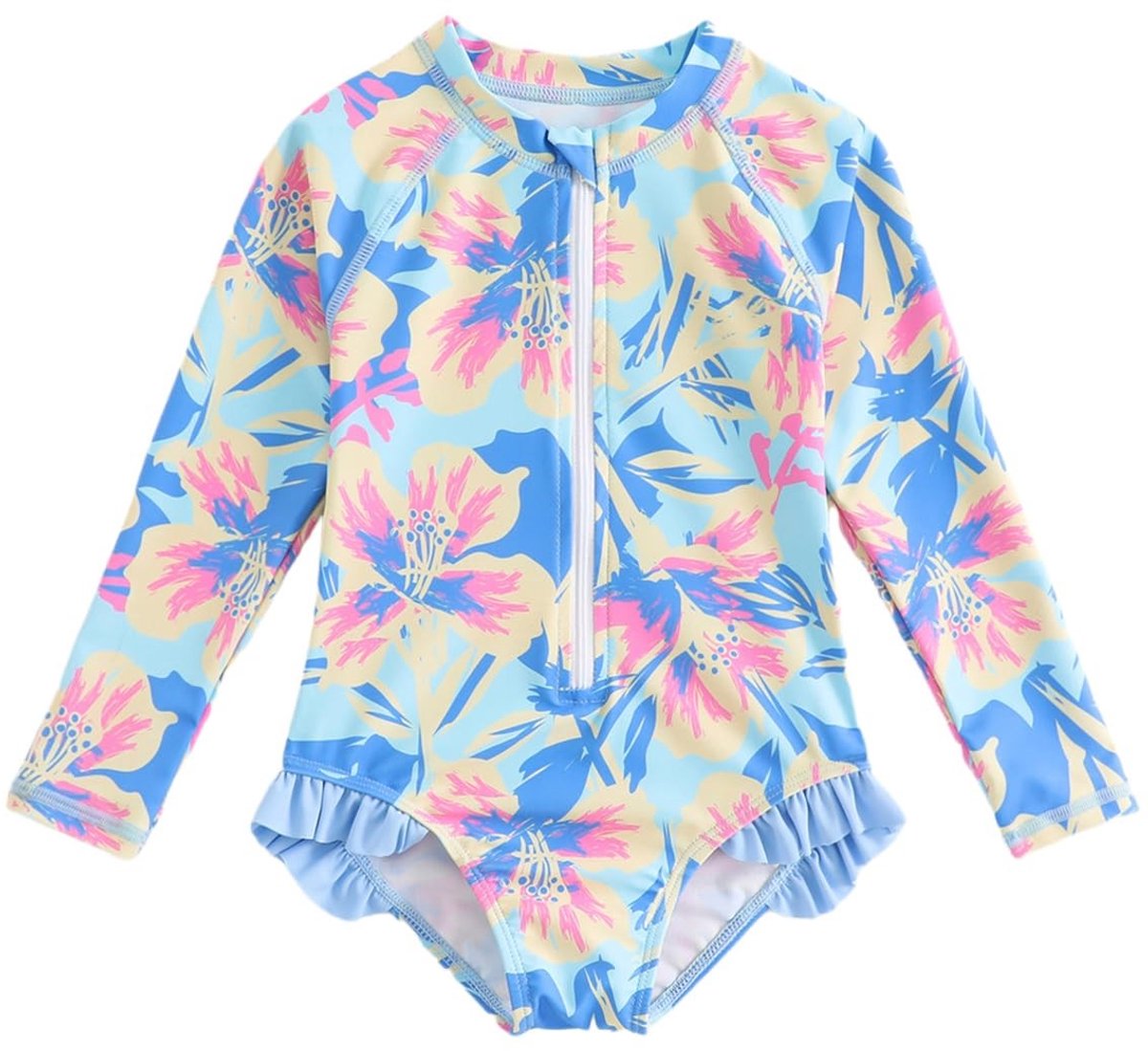 SolidKeus - Lange Mouw Baby Badpak met Zip Voorkant en Ruche Trim